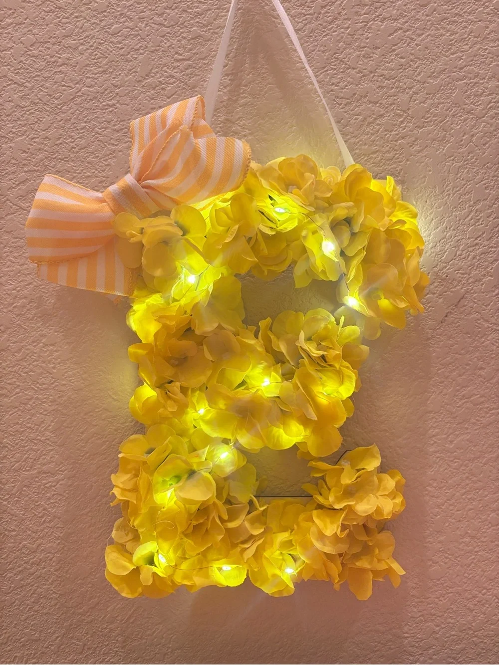 Nightlight Yellow Floral Letter E with Striped Bow